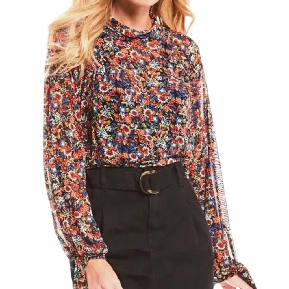 Free People All Doled Up Mesh Floral Long sleeve Turtleneck Crop Top I Size: XS